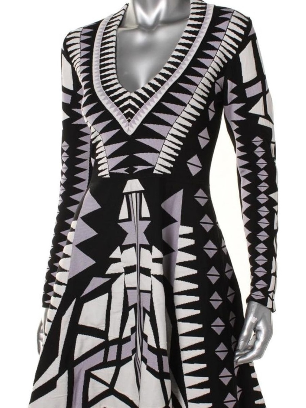 Parker Black & White Geometric V-Neck Long Sleeve Dress